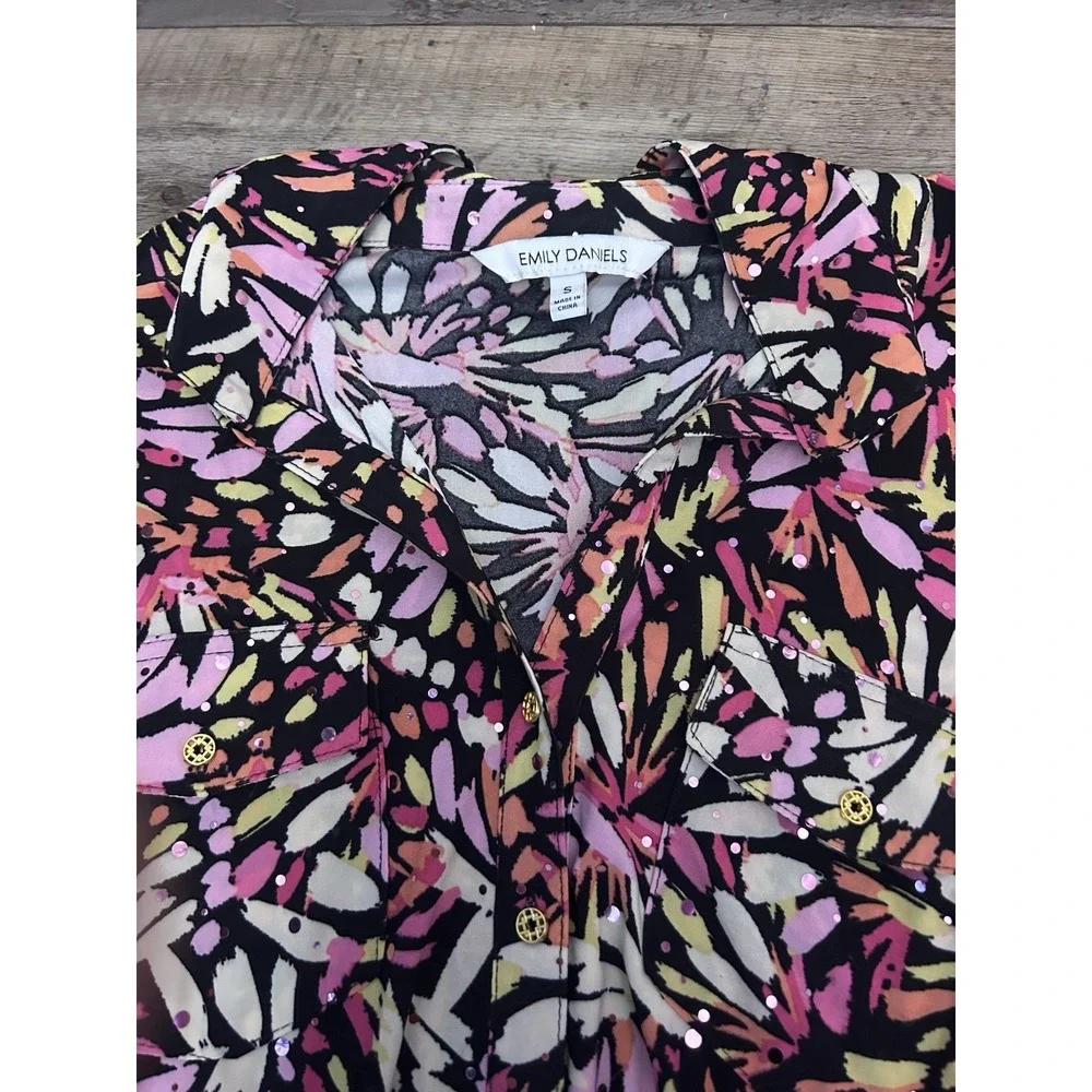 Emily Daniels Multicolor Floral Button-Front Collared Long Sleeve Blouse S